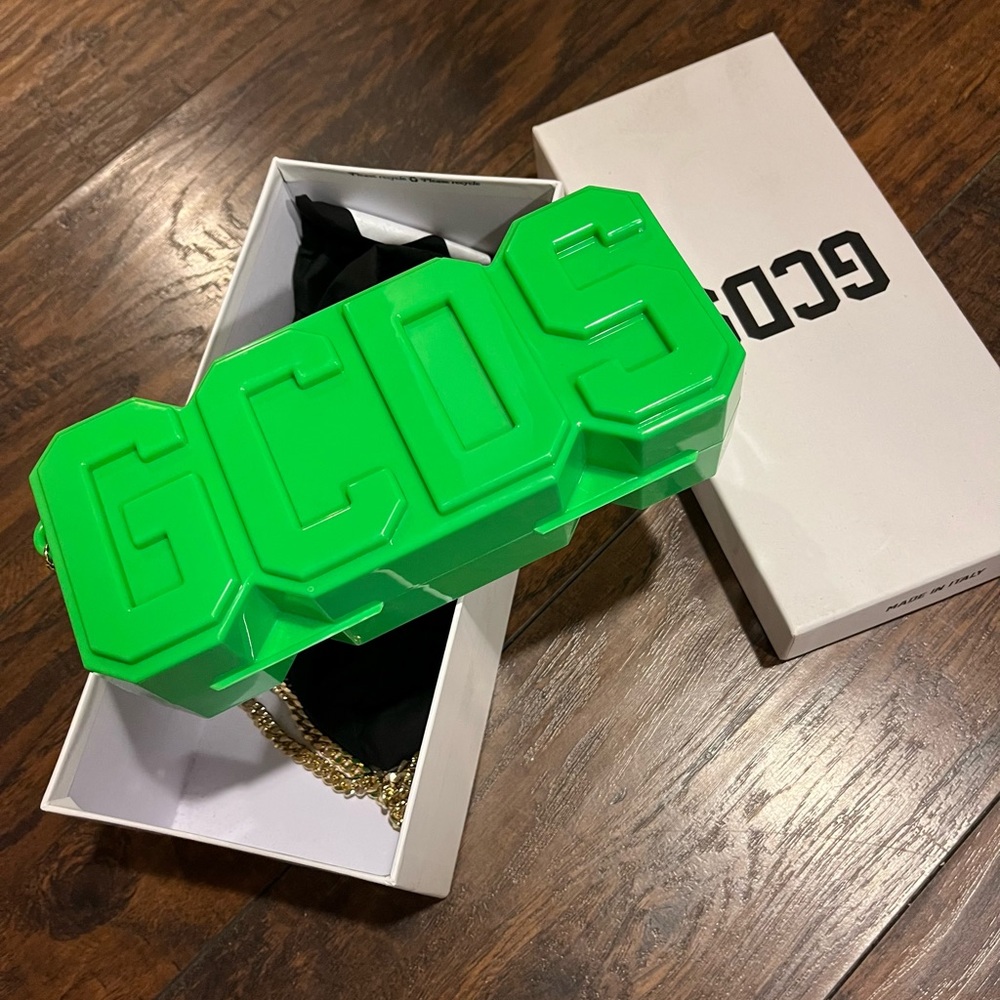 GCDS Logo Plexi Bag with gold chain. Comes with box and dust bag.